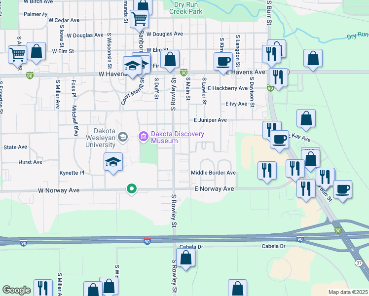 map of restaurants, bars, coffee shops, grocery stores, and more near 109 Andrews Street in Mitchell