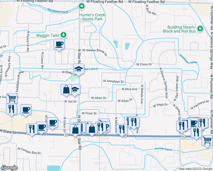 map of restaurants, bars, coffee shops, grocery stores, and more near 10872 West Capella Street in Star