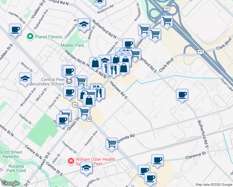 map of restaurants, bars, coffee shops, grocery stores, and more near 9 Hansen Road South in Brampton