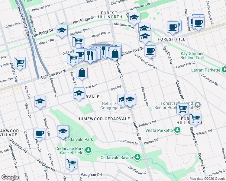 map of restaurants, bars, coffee shops, grocery stores, and more near in Toronto