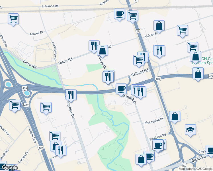 map of restaurants, bars, coffee shops, grocery stores, and more near 286 Attwell Drive in Toronto