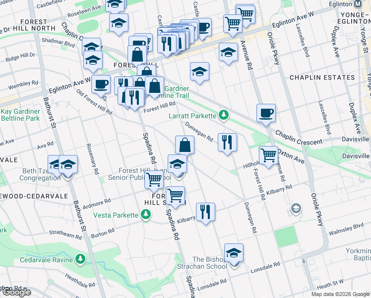 map of restaurants, bars, coffee shops, grocery stores, and more near in Toronto