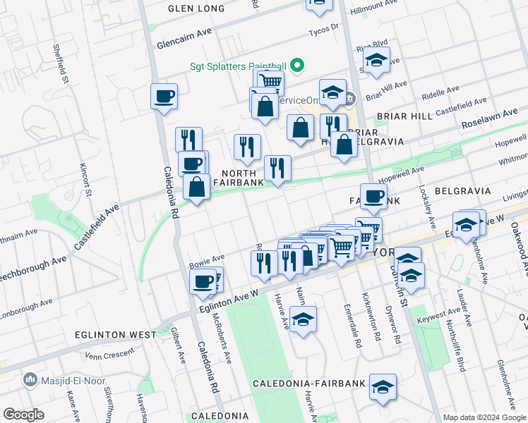 map of restaurants, bars, coffee shops, grocery stores, and more near 70 Chamberlain Avenue in Toronto