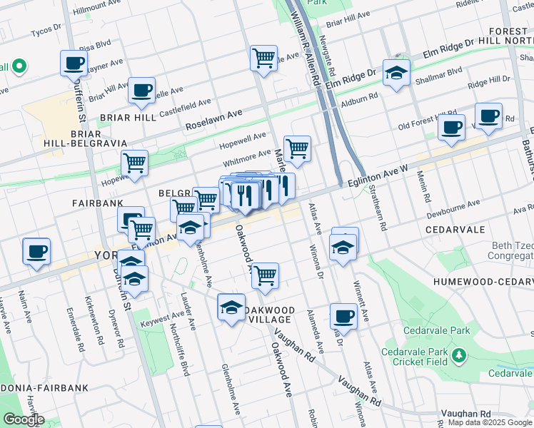 map of restaurants, bars, coffee shops, grocery stores, and more near 1537 Eglinton Avenue West in Toronto