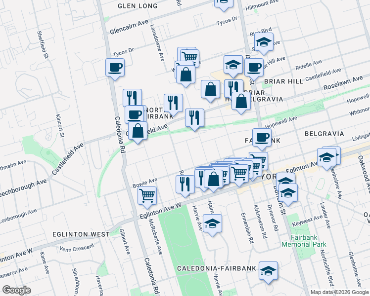 map of restaurants, bars, coffee shops, grocery stores, and more near 70 Chamberlain Avenue in Toronto
