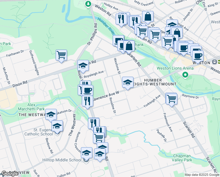 map of restaurants, bars, coffee shops, grocery stores, and more near 51 Roxaline Street in Toronto