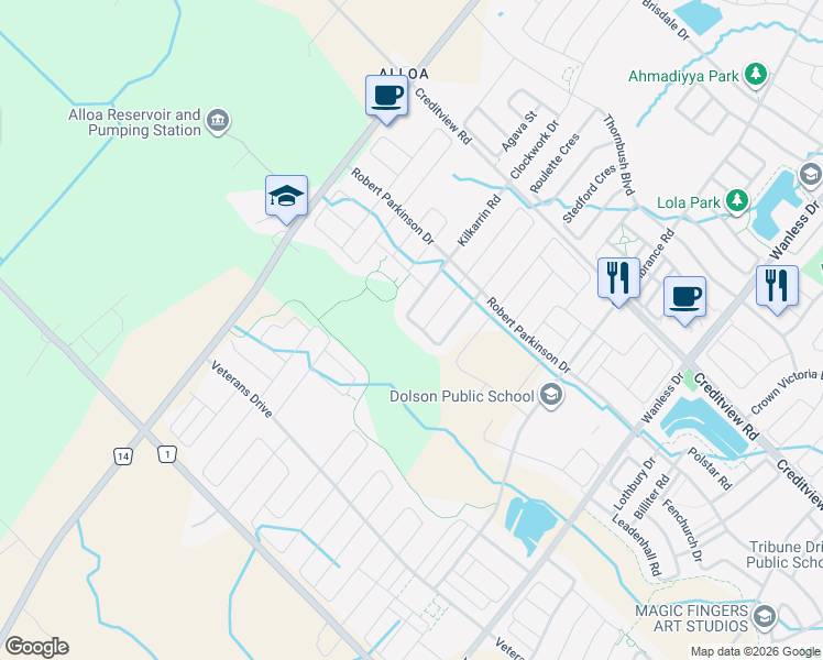 map of restaurants, bars, coffee shops, grocery stores, and more near 52 Haverstock Crescent in Brampton