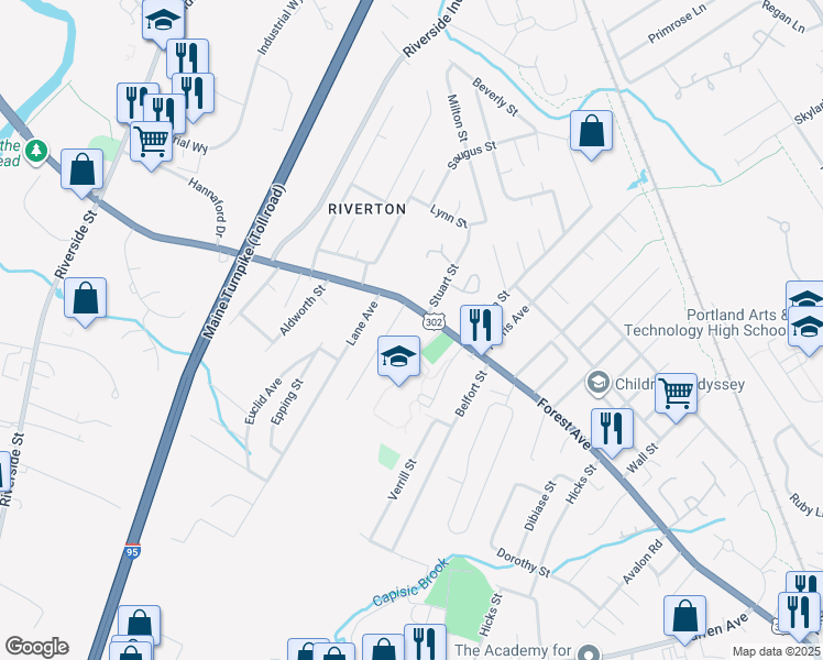 map of restaurants, bars, coffee shops, grocery stores, and more near 8 Farnham Street in Portland