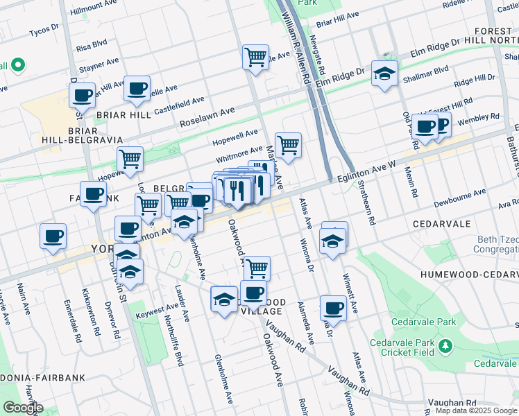 map of restaurants, bars, coffee shops, grocery stores, and more near 1559B Eglinton Avenue West in Toronto