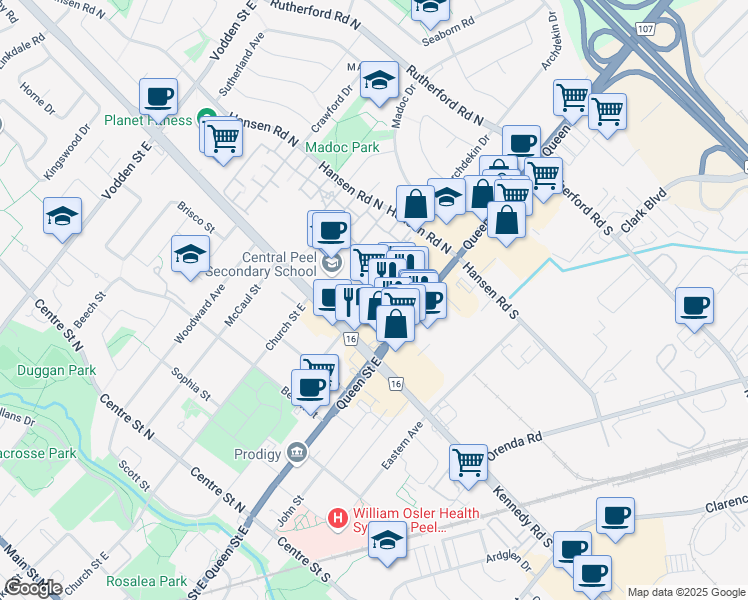 map of restaurants, bars, coffee shops, grocery stores, and more near 41 Fisher Terrace in Brampton