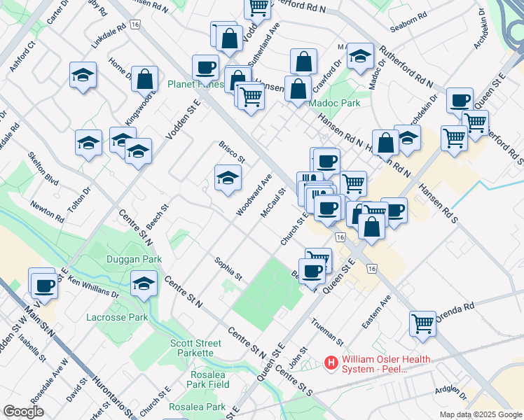 map of restaurants, bars, coffee shops, grocery stores, and more near 89 Woodward Avenue in Brampton