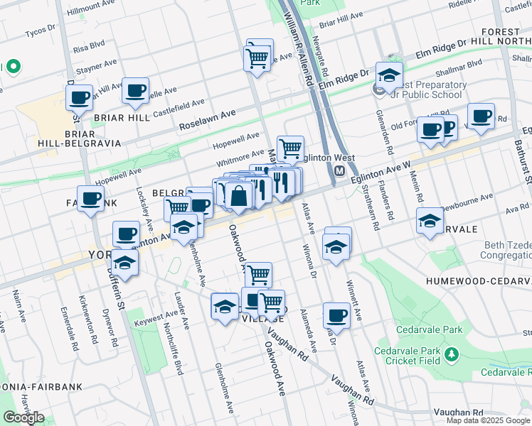 map of restaurants, bars, coffee shops, grocery stores, and more near 1493A Eglinton Avenue West in Toronto