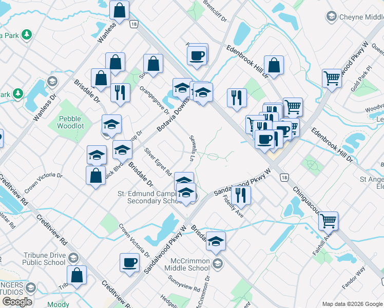 map of restaurants, bars, coffee shops, grocery stores, and more near 70 Sewells Lane in Brampton