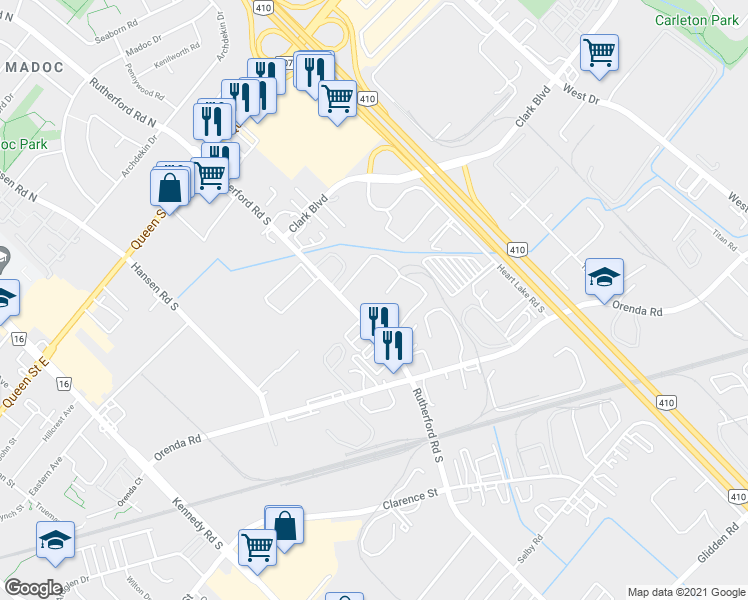 map of restaurants, bars, coffee shops, grocery stores, and more near 98 Rutherford Road South in Brampton