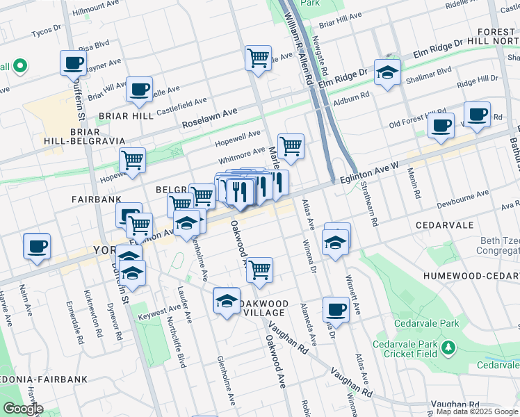 map of restaurants, bars, coffee shops, grocery stores, and more near 1559B Eglinton Avenue West in Toronto