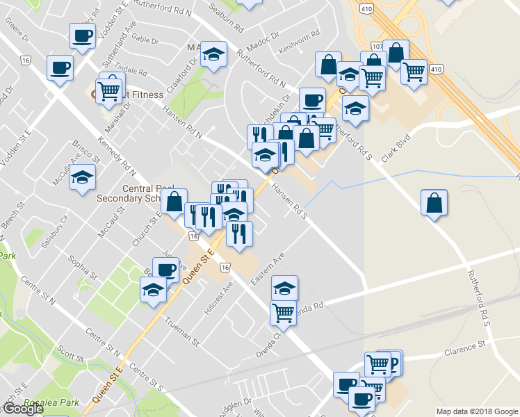 map of restaurants, bars, coffee shops, grocery stores, and more near 243 Queen Street East in Brampton