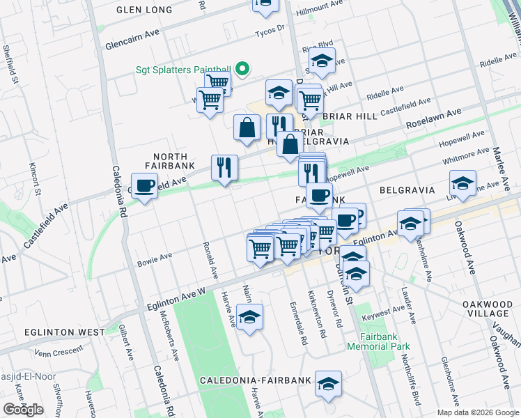 map of restaurants, bars, coffee shops, grocery stores, and more near 55 Hartley Avenue in Toronto