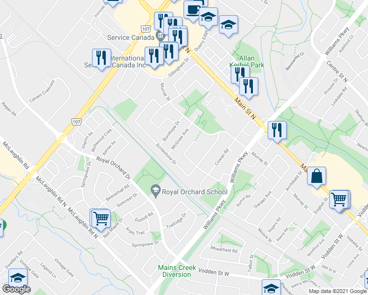 map of restaurants, bars, coffee shops, grocery stores, and more near 34 Clarridge Court in Brampton