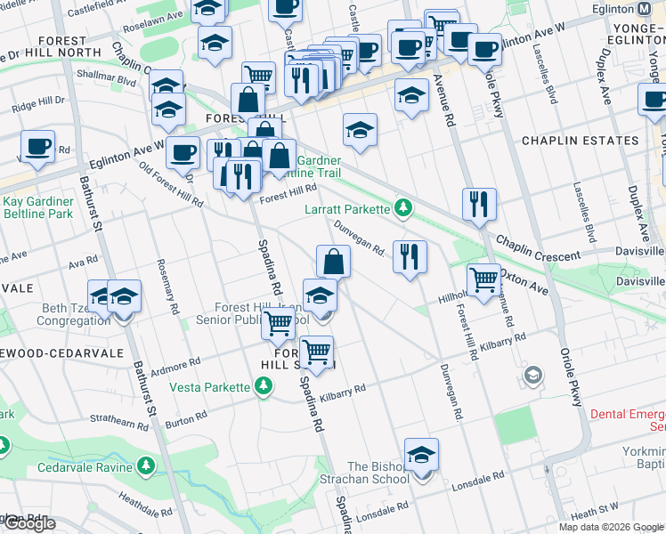 map of restaurants, bars, coffee shops, grocery stores, and more near 470 Russell Hill Road in Toronto