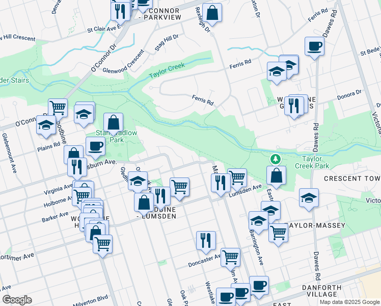 map of restaurants, bars, coffee shops, grocery stores, and more near in Toronto