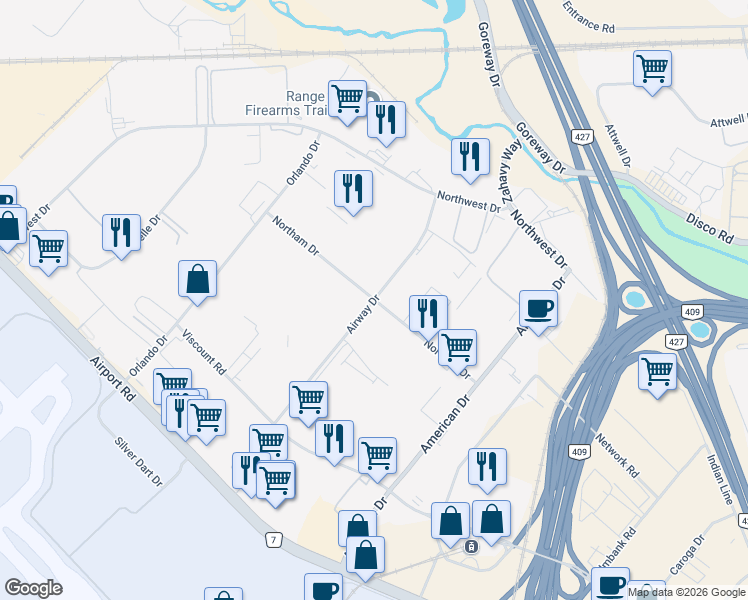 map of restaurants, bars, coffee shops, grocery stores, and more near Northam Drive in Mississauga