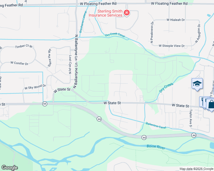 map of restaurants, bars, coffee shops, grocery stores, and more near 1588 West Deadwood Street in Eagle