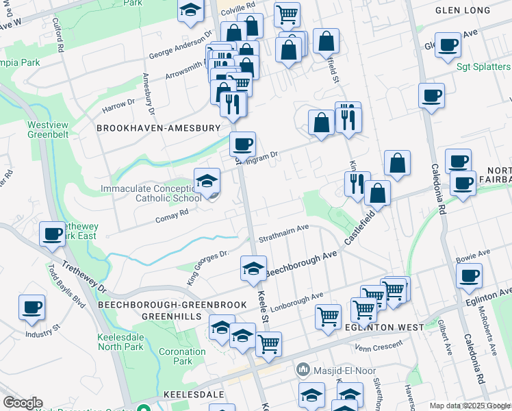 map of restaurants, bars, coffee shops, grocery stores, and more near 2175 Keele Street in Toronto