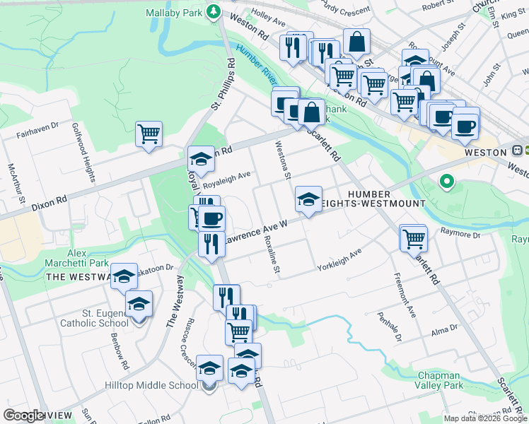 map of restaurants, bars, coffee shops, grocery stores, and more near 49 Roxaline Street in Toronto