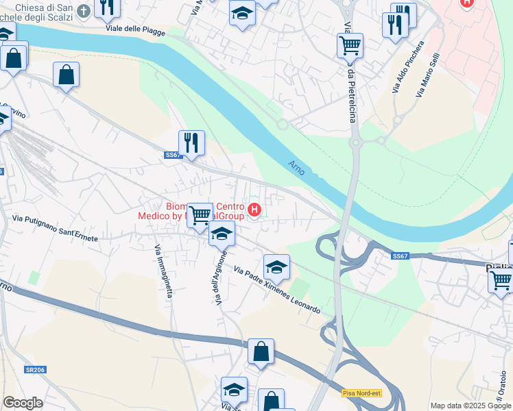 map of restaurants, bars, coffee shops, grocery stores, and more near 20 Via Bosso Emilia in Palazzi Trivelli in Pisa