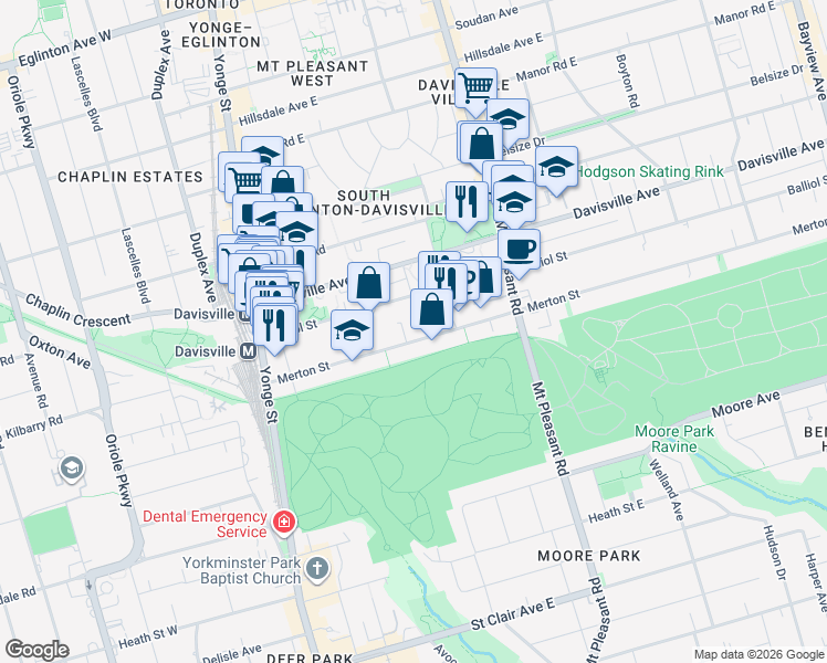 map of restaurants, bars, coffee shops, grocery stores, and more near 194 Merton Street in Toronto