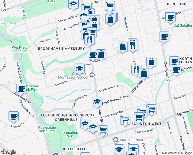map of restaurants, bars, coffee shops, grocery stores, and more near 160 Canon Jackson Drive in Toronto
