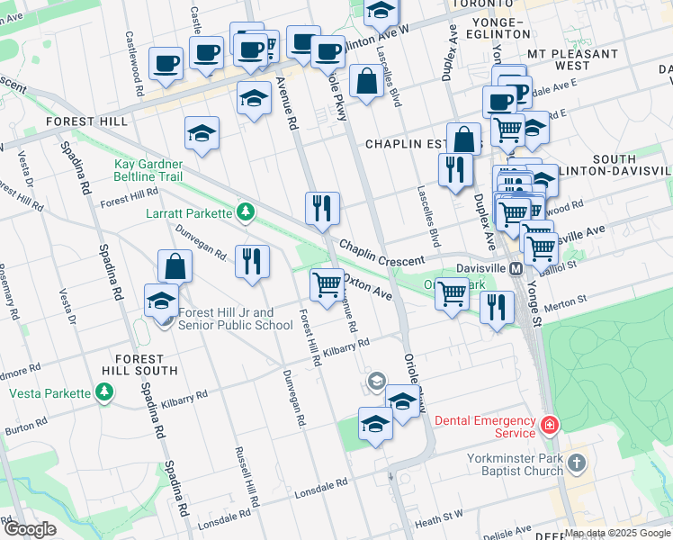 map of restaurants, bars, coffee shops, grocery stores, and more near Avenue Rd & Oxton Ave in Toronto