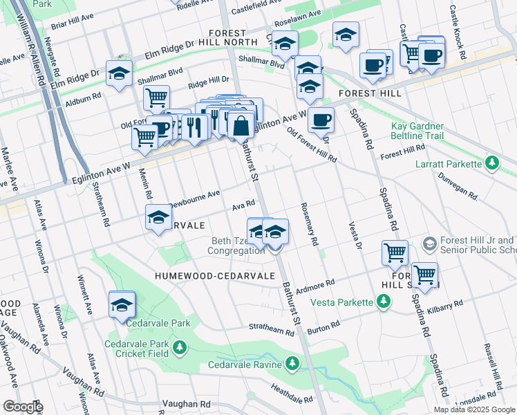map of restaurants, bars, coffee shops, grocery stores, and more near 1862 Bathurst Street in Toronto