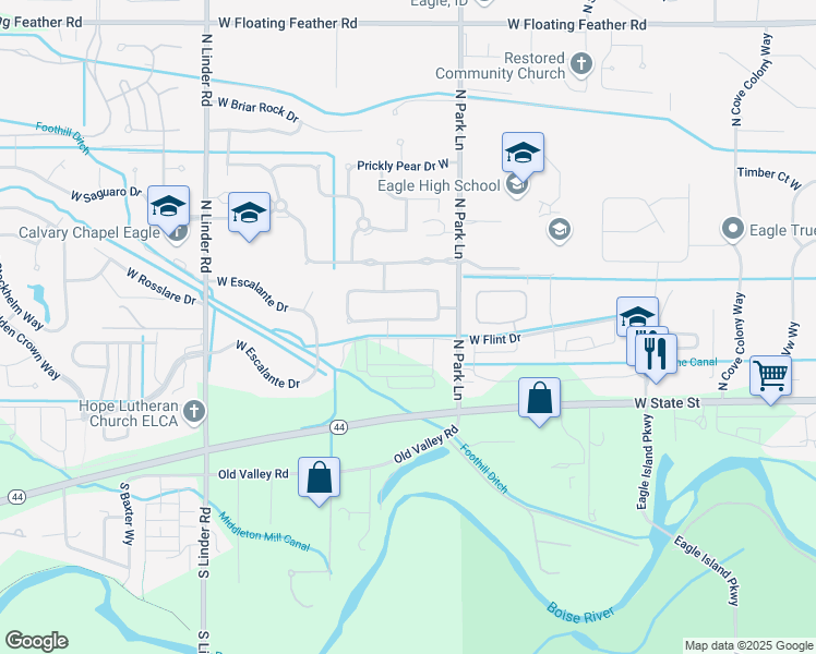 map of restaurants, bars, coffee shops, grocery stores, and more near 4157 West Spring House Drive in Eagle