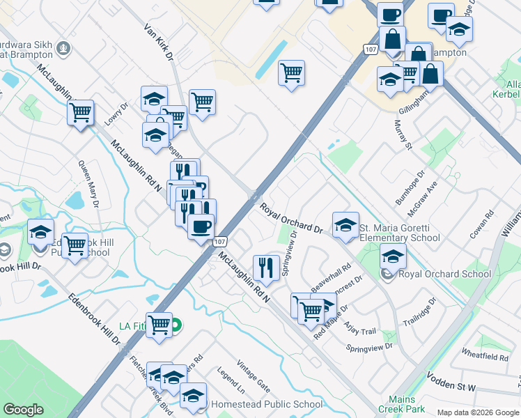 map of restaurants, bars, coffee shops, grocery stores, and more near 19 Kenwood Drive in Brampton