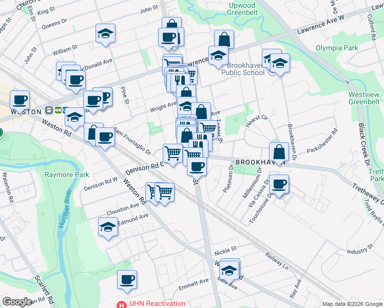 map of restaurants, bars, coffee shops, grocery stores, and more near Jane St & Trethewey Dr in Toronto