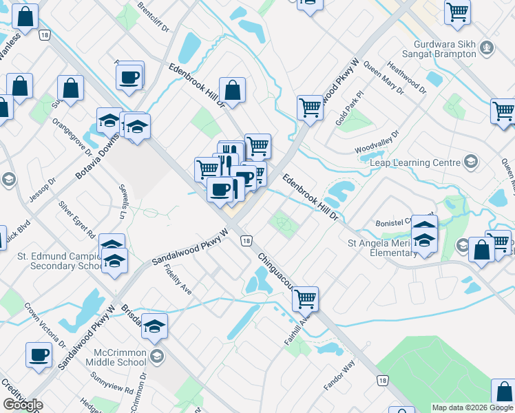 map of restaurants, bars, coffee shops, grocery stores, and more near 80 Heartleaf Crescent in Brampton