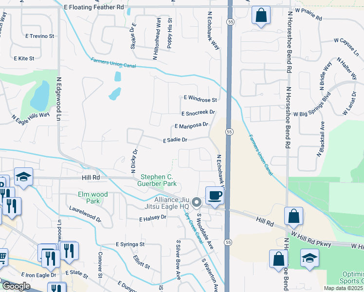 map of restaurants, bars, coffee shops, grocery stores, and more near 2512 East Sadie Drive in Eagle