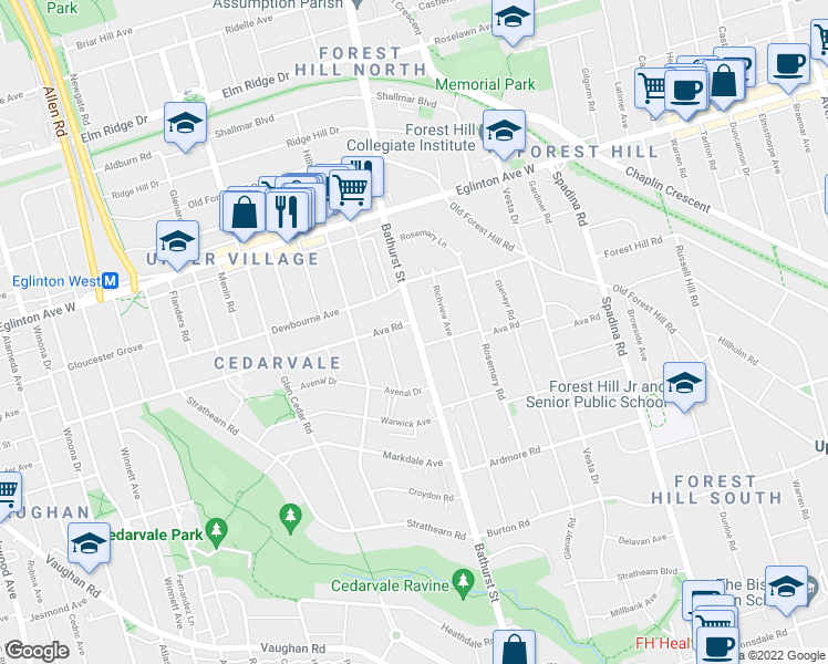 map of restaurants, bars, coffee shops, grocery stores, and more near 1862 Bathurst Street in Toronto