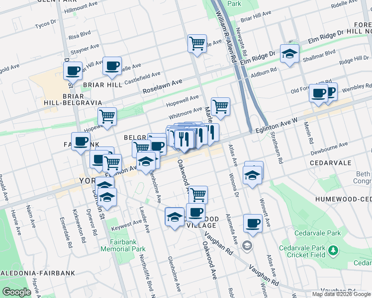 map of restaurants, bars, coffee shops, grocery stores, and more near 1554 Eglinton Avenue West in Toronto