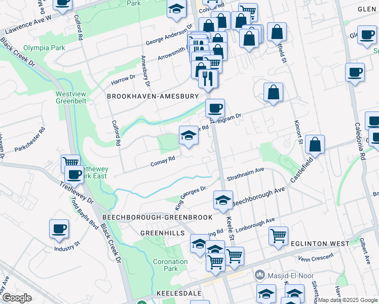 map of restaurants, bars, coffee shops, grocery stores, and more near 23 Comay Road in Toronto