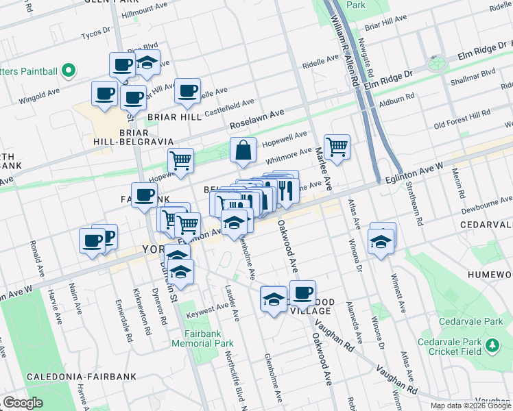 map of restaurants, bars, coffee shops, grocery stores, and more near 115 Livingstone Avenue in Toronto