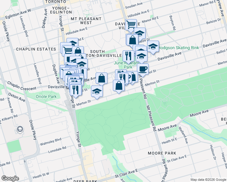 map of restaurants, bars, coffee shops, grocery stores, and more near 194 Merton Street in Toronto