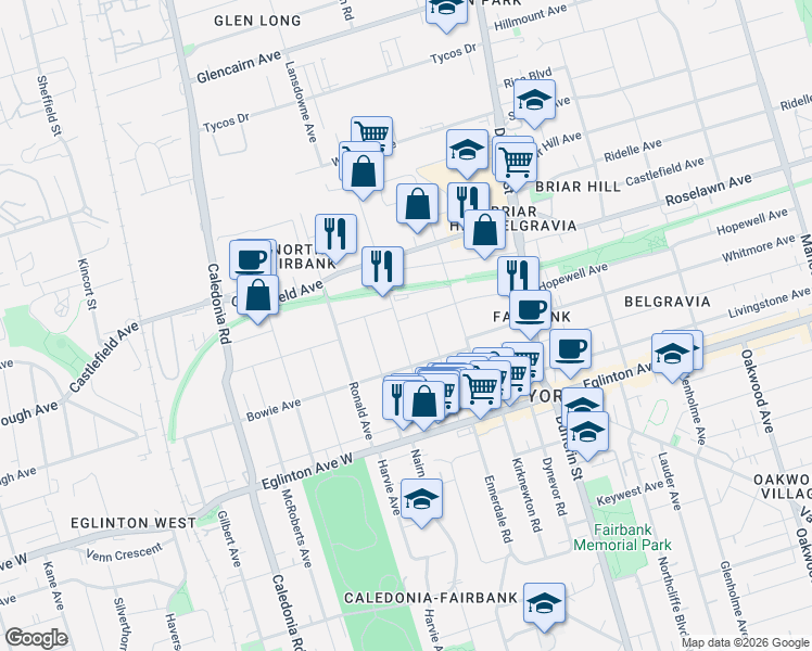 map of restaurants, bars, coffee shops, grocery stores, and more near 57 Miranda Avenue in Toronto