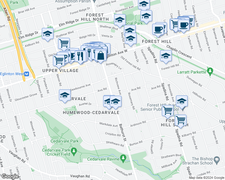 map of restaurants, bars, coffee shops, grocery stores, and more near in Toronto