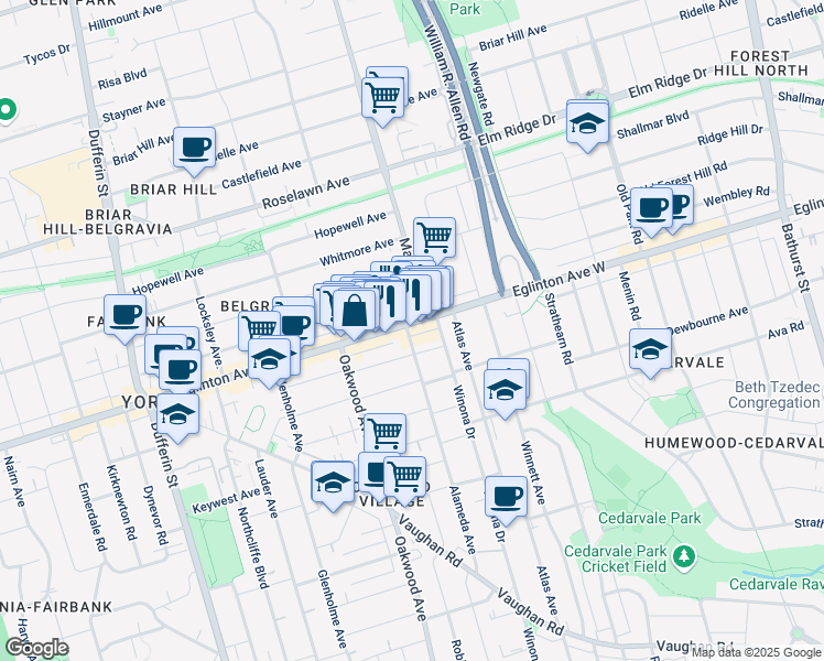 map of restaurants, bars, coffee shops, grocery stores, and more near 1493A Eglinton Avenue West in Toronto
