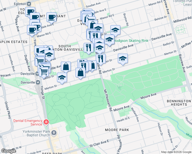 map of restaurants, bars, coffee shops, grocery stores, and more near 319 Merton Street in Toronto