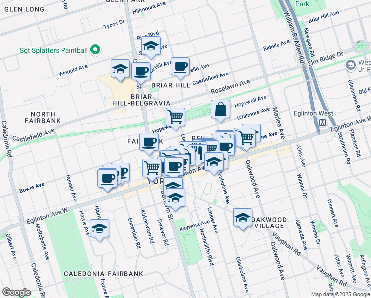 map of restaurants, bars, coffee shops, grocery stores, and more near 201 Belgravia Avenue in Toronto