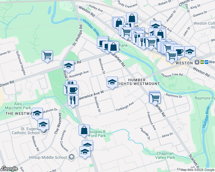 map of restaurants, bars, coffee shops, grocery stores, and more near 57B Westona Street in Toronto