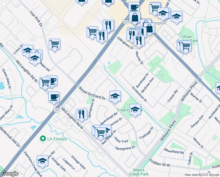 map of restaurants, bars, coffee shops, grocery stores, and more near 33 Banner Road in Brampton